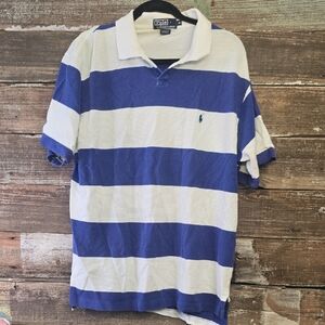 Polo by Ralph Lauren White & Blue Wide-Striped Polo Shirt, Size XL